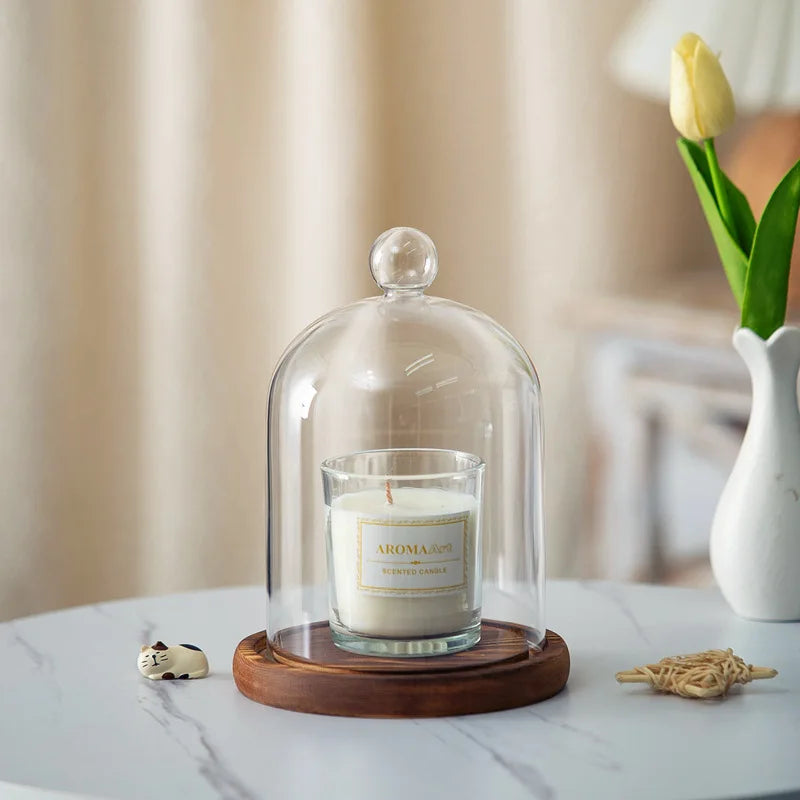 Cloche en verre avec base en bois