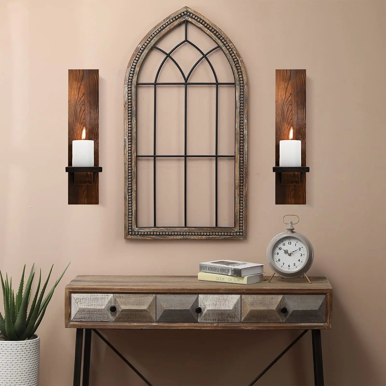 Lot de 2 bougeoirs appliques murales en bois